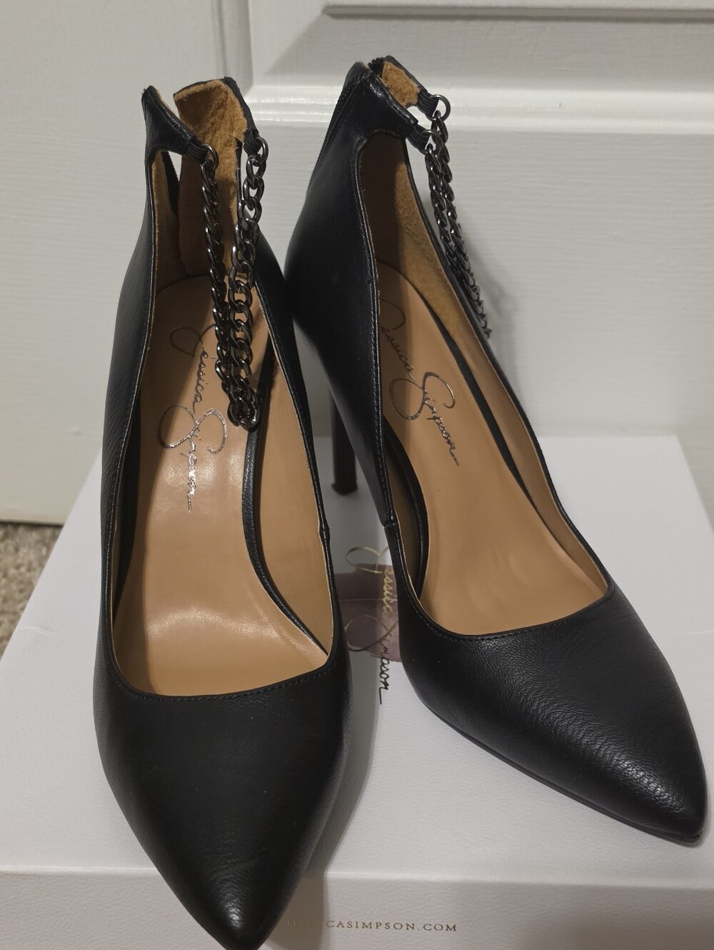 Jessica Simpson Black Pointed-Toe Chain Ankle Pumps